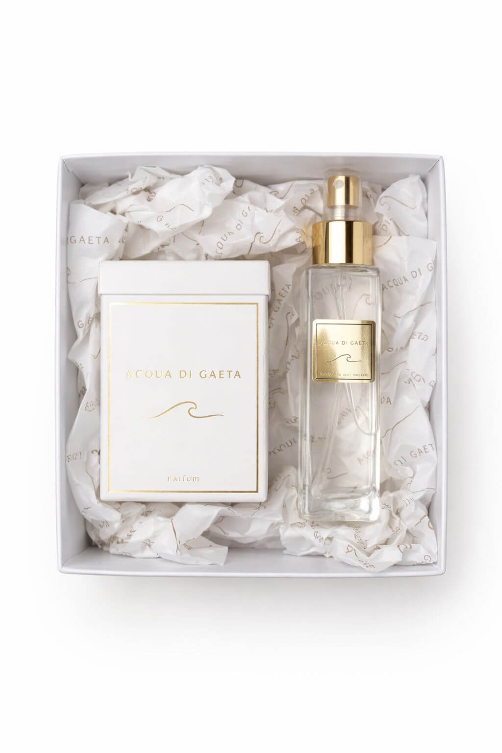 Box Regalo Acqua di Gaeta con profumo in bottiglia e confezione elegante, per un'esperienza sensoriale unica.