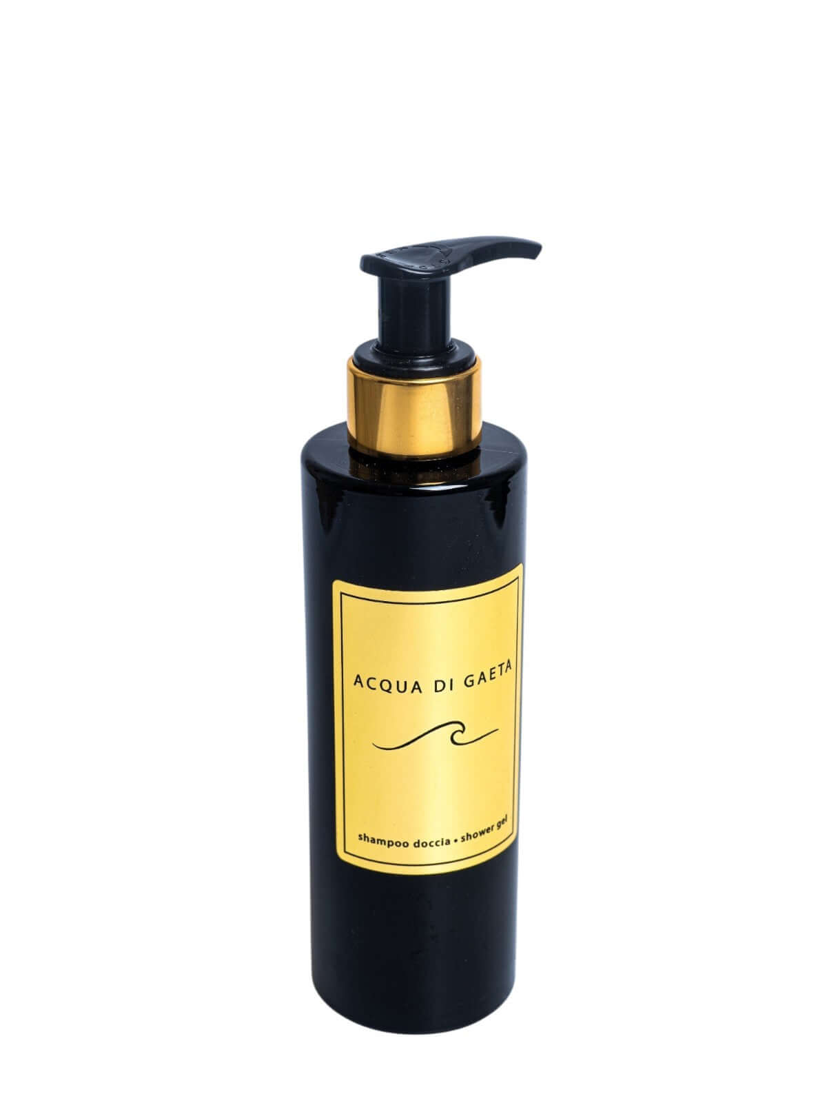 Acqua di Gaeta — Shampoo Doccia 200 ml in a sleek black bottle with a pump top.